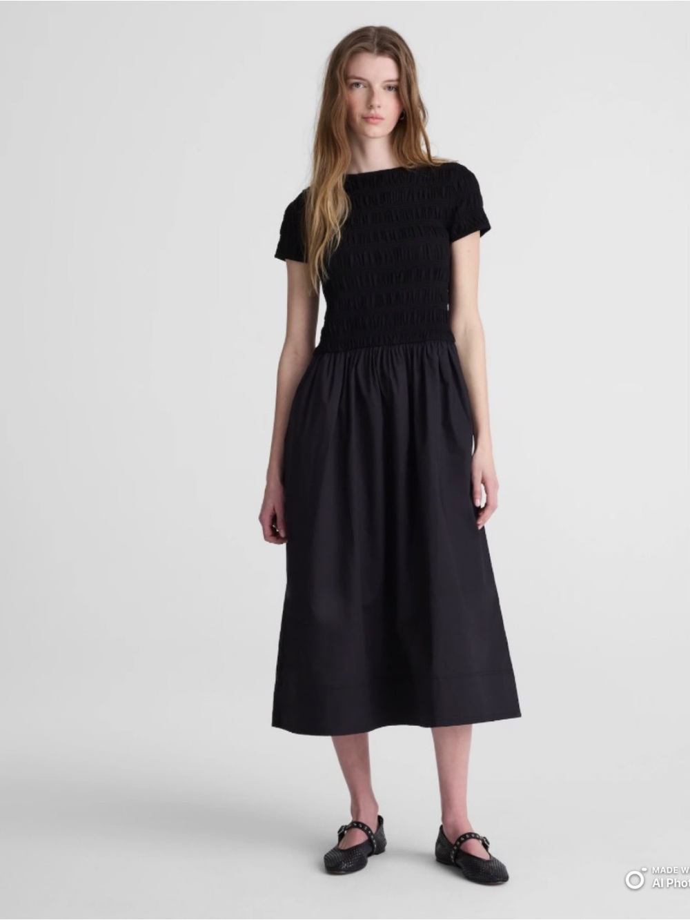 Madewell XXS Black Smocked Boatneck Midi Dress NWT Short Sleeve Cotton Dress